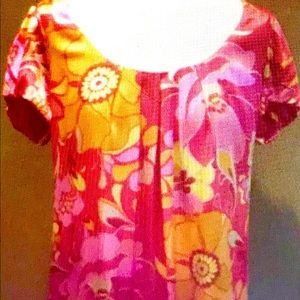 Silk Hale Bob short sleeved shift dress floral pink orange small boho